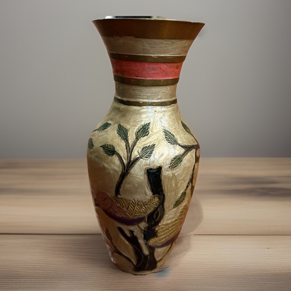 Vintage Brass Enameled Hand Painted Vase Birds Branches